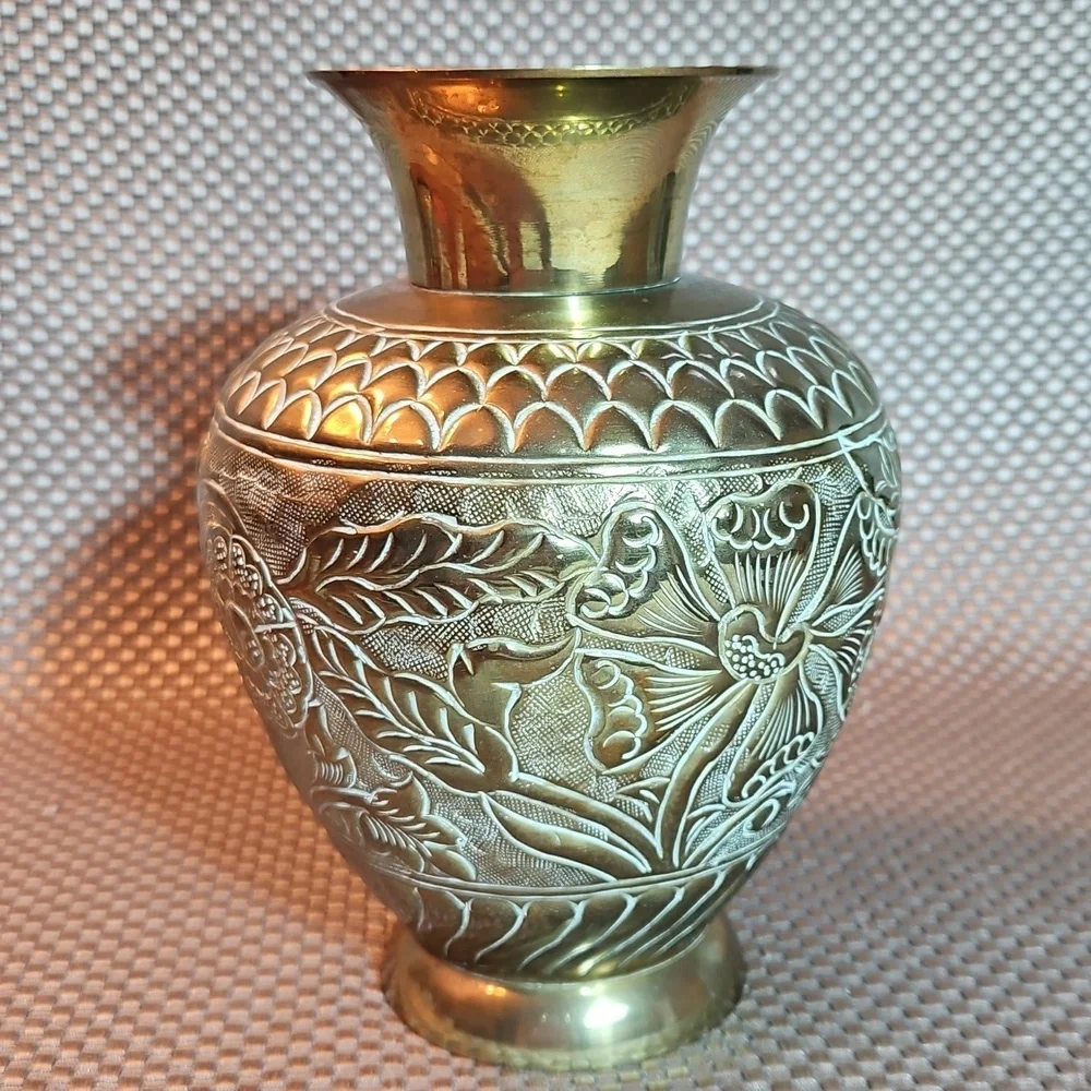 Brass Ornate Hammered Vase Repousse Flowers Leaves White Accent Vintage